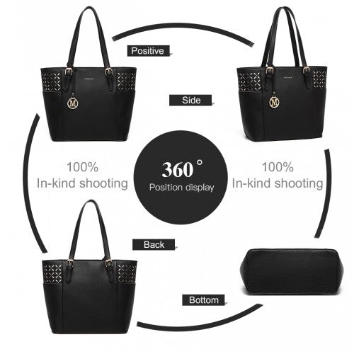 MISS LULU LASER CUT OUT TOTE SHOPPER BAG - BLACK
