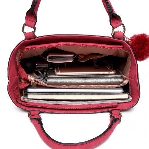 Miss Lulu PomPom Suede Shoulder Bag Claret