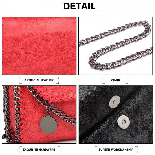 Miss Lulu Leather Look Chain Fold-over Shoulder Bag - Red