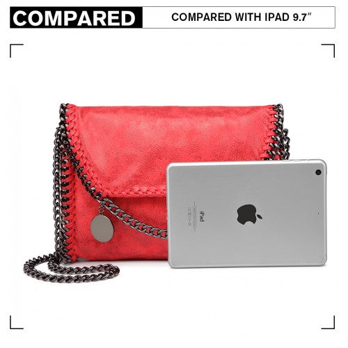 Miss Lulu Leather Look Chain Fold-over Shoulder Bag - Red