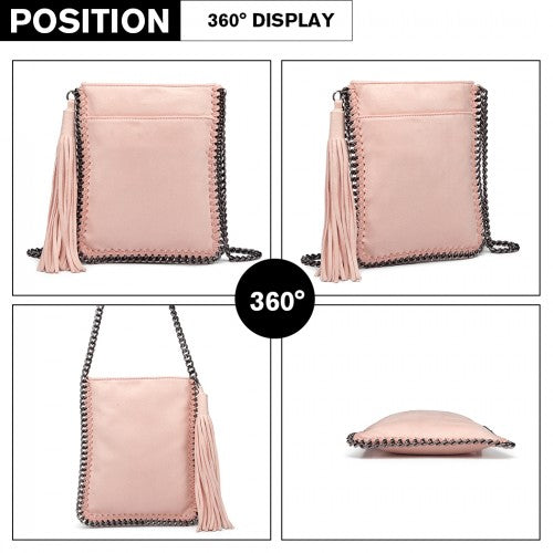 Miss Lulu Leather Look Chain Shoulder Bag with Tassel Pendant - Pink