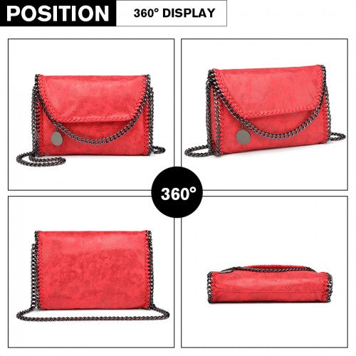 Miss Lulu Leather Look Chain Fold-over Shoulder Bag - Red