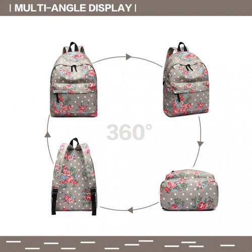 Miss Lulu Large Backpack Flower Polka Dot - Grey
