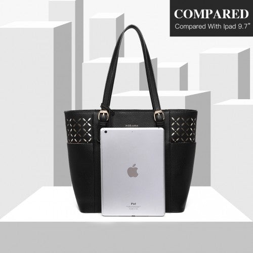 MISS LULU LASER CUT OUT TOTE SHOPPER BAG - BLACK
