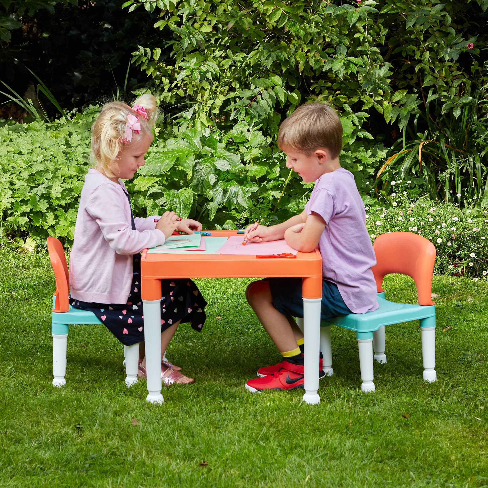 Kids Plastic Table and 2 Chairs Set – Indoor Outdoor Durable Play Furniture