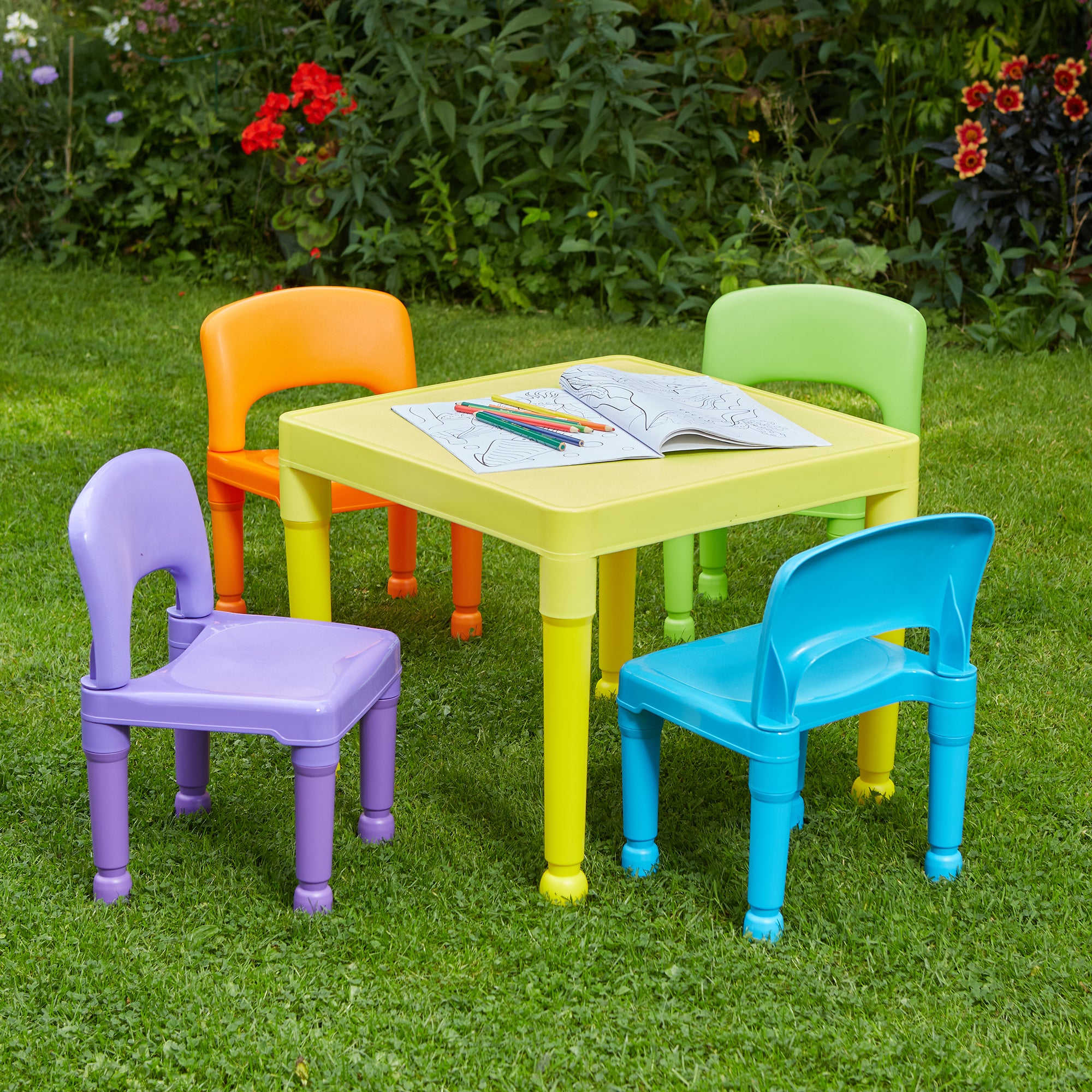 Children's Multicoloured Table & 4 Chairs Set – Bright Indoor Outdoor Kids Furniture