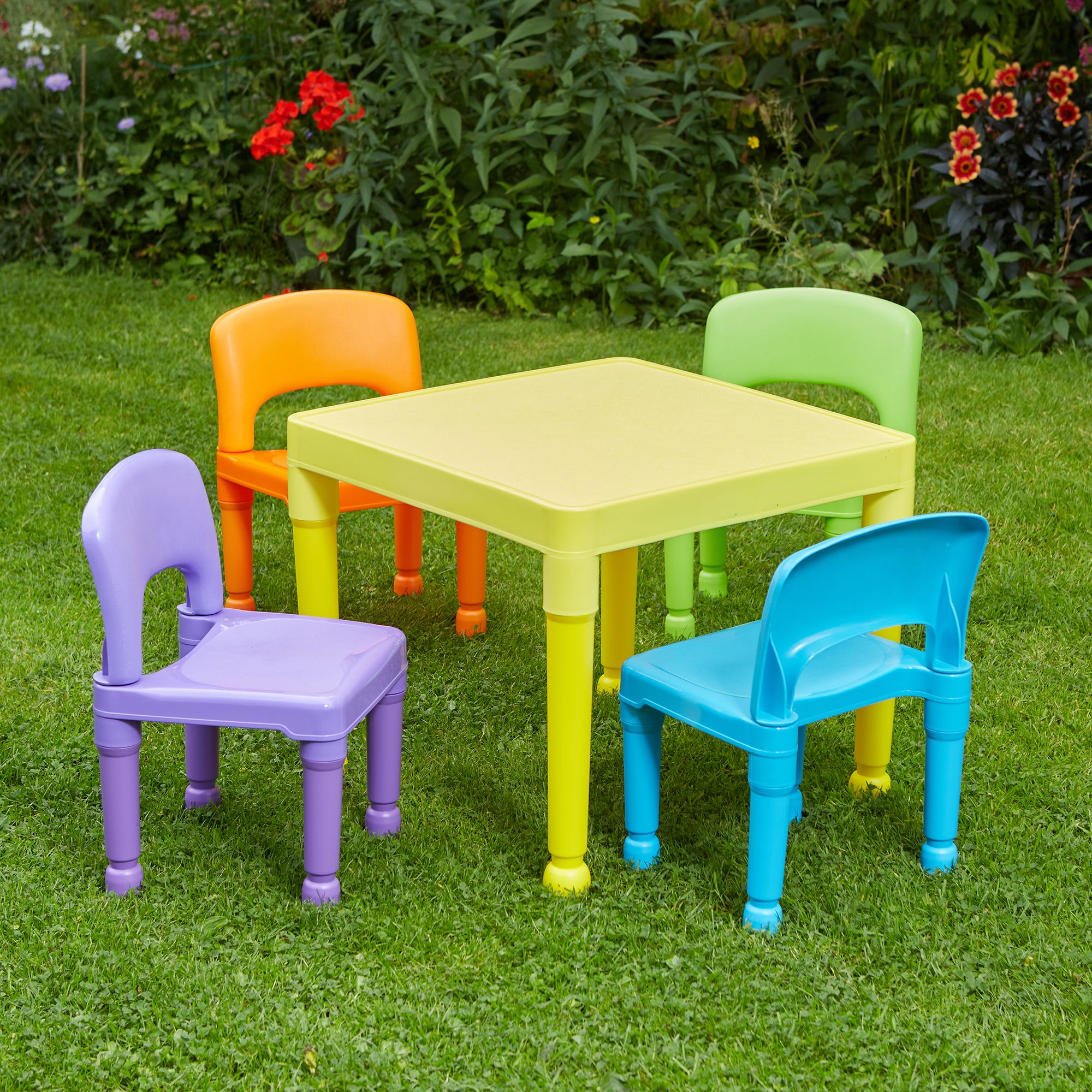 Children's Multicoloured Table & 4 Chairs Set – Bright Indoor Outdoor Kids Furniture