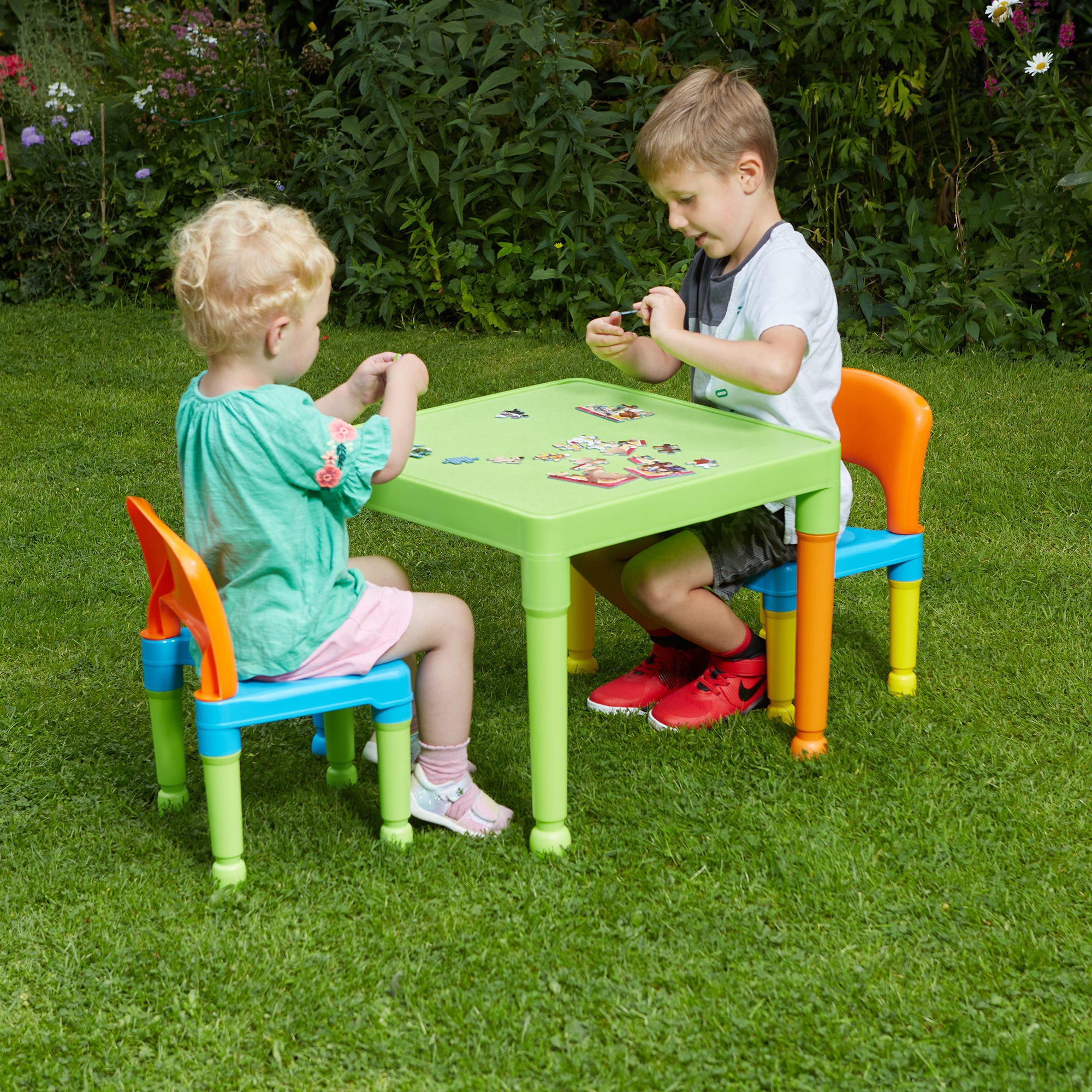 Kids Plastic Table and 2 Chairs Set – Durable Indoor Outdoor Play Furniture (Multiple Colours)
