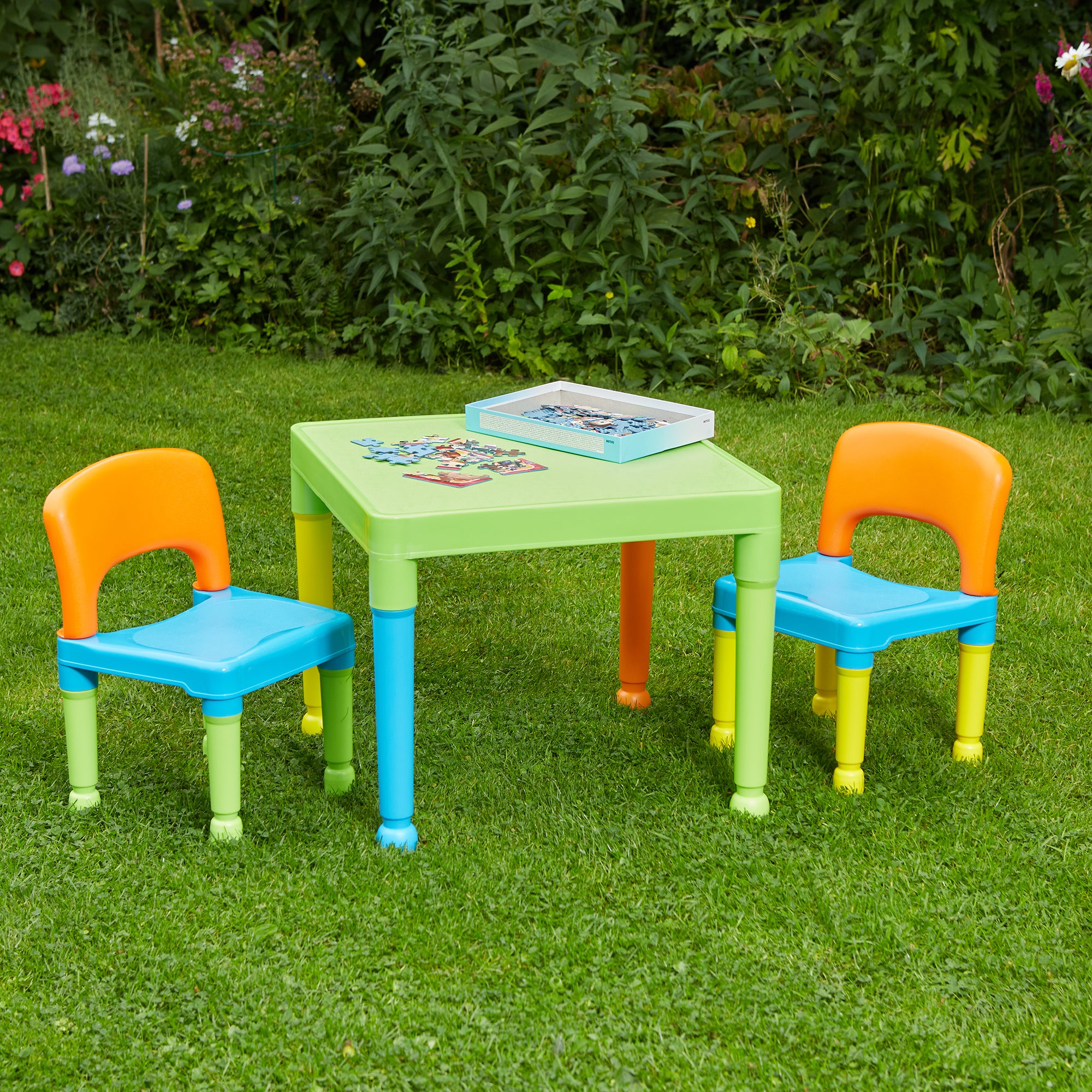 Kids Plastic Table and 2 Chairs Set – Durable Indoor Outdoor Play Furniture (Multiple Colours)