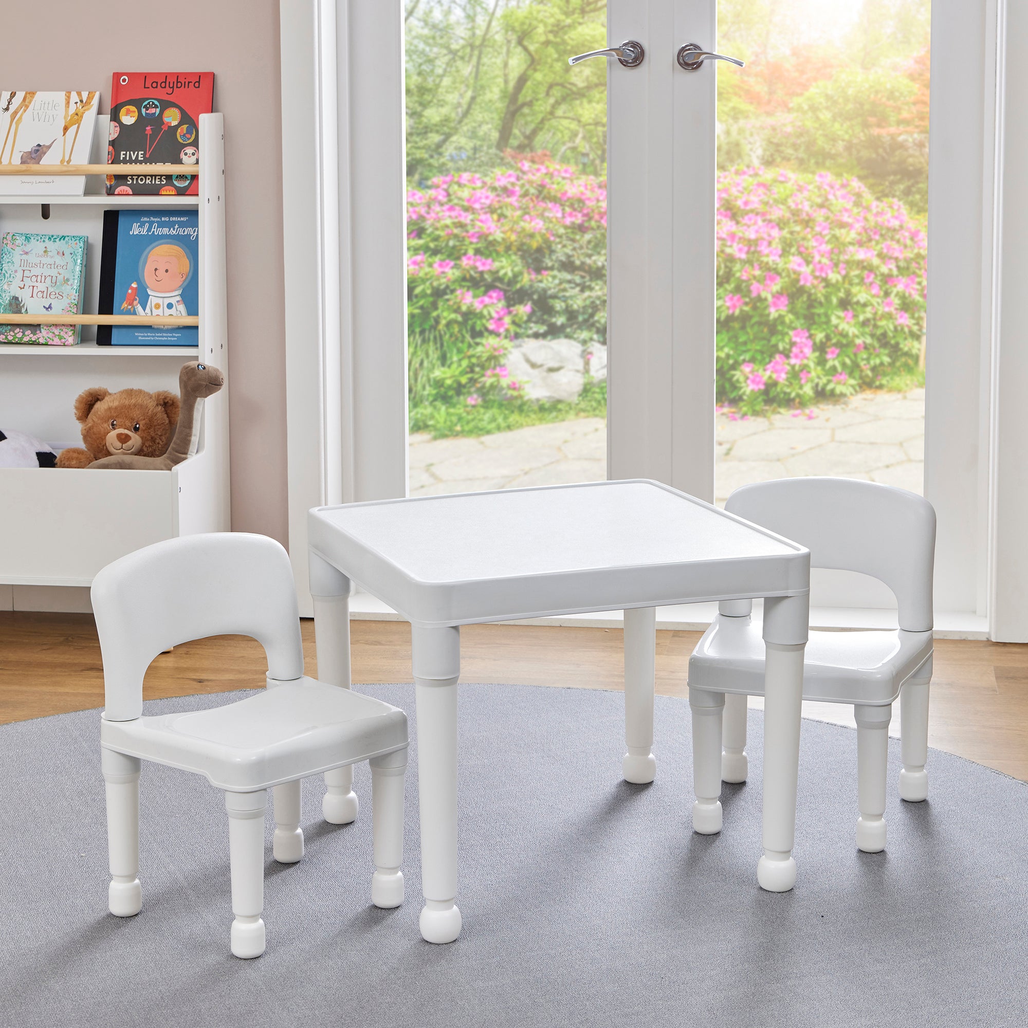 Kids Plastic Table and 2 Chairs Set White – Durable Indoor Outdoor First Furniture Set