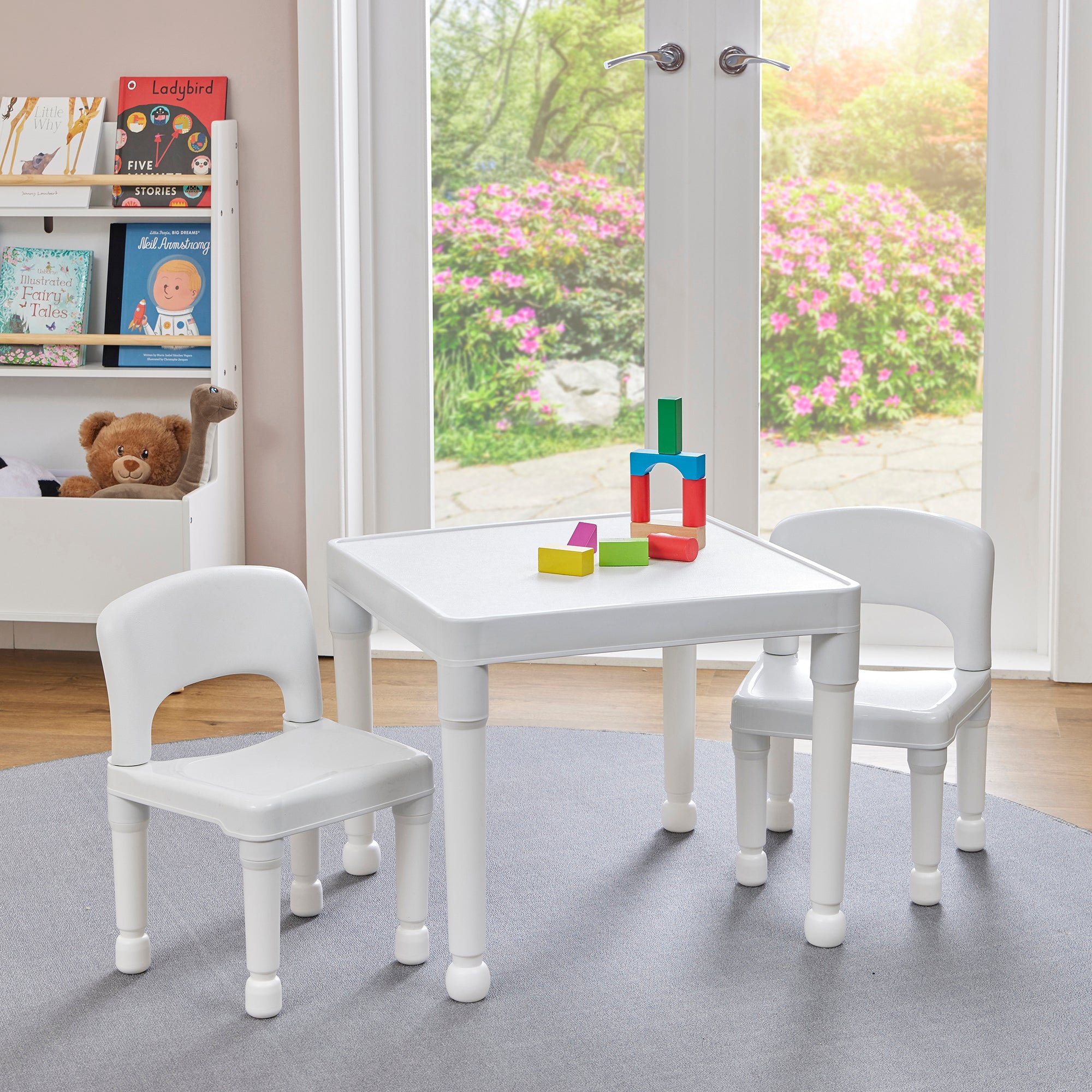 Kids Plastic Table and 2 Chairs Set White – Durable Indoor Outdoor First Furniture Set