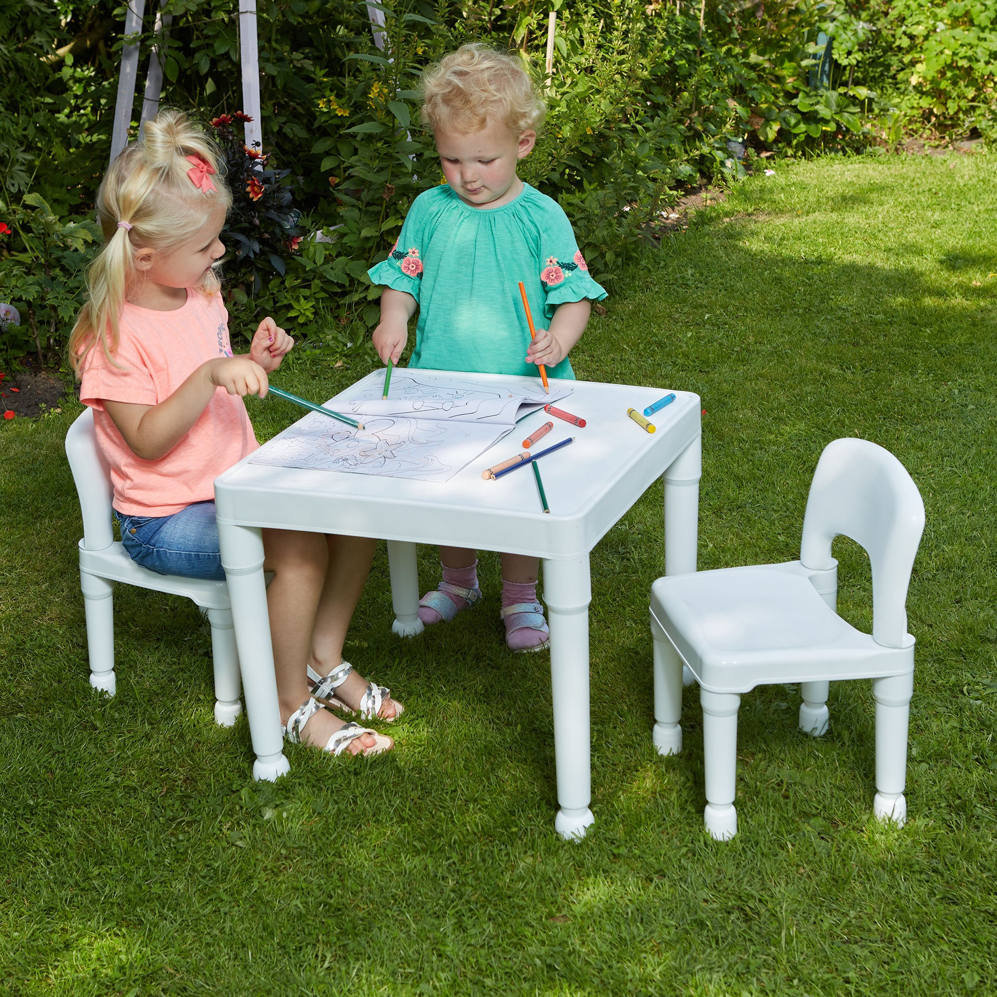 Kids Plastic Table and 2 Chairs Set White – Durable Indoor Outdoor First Furniture Set