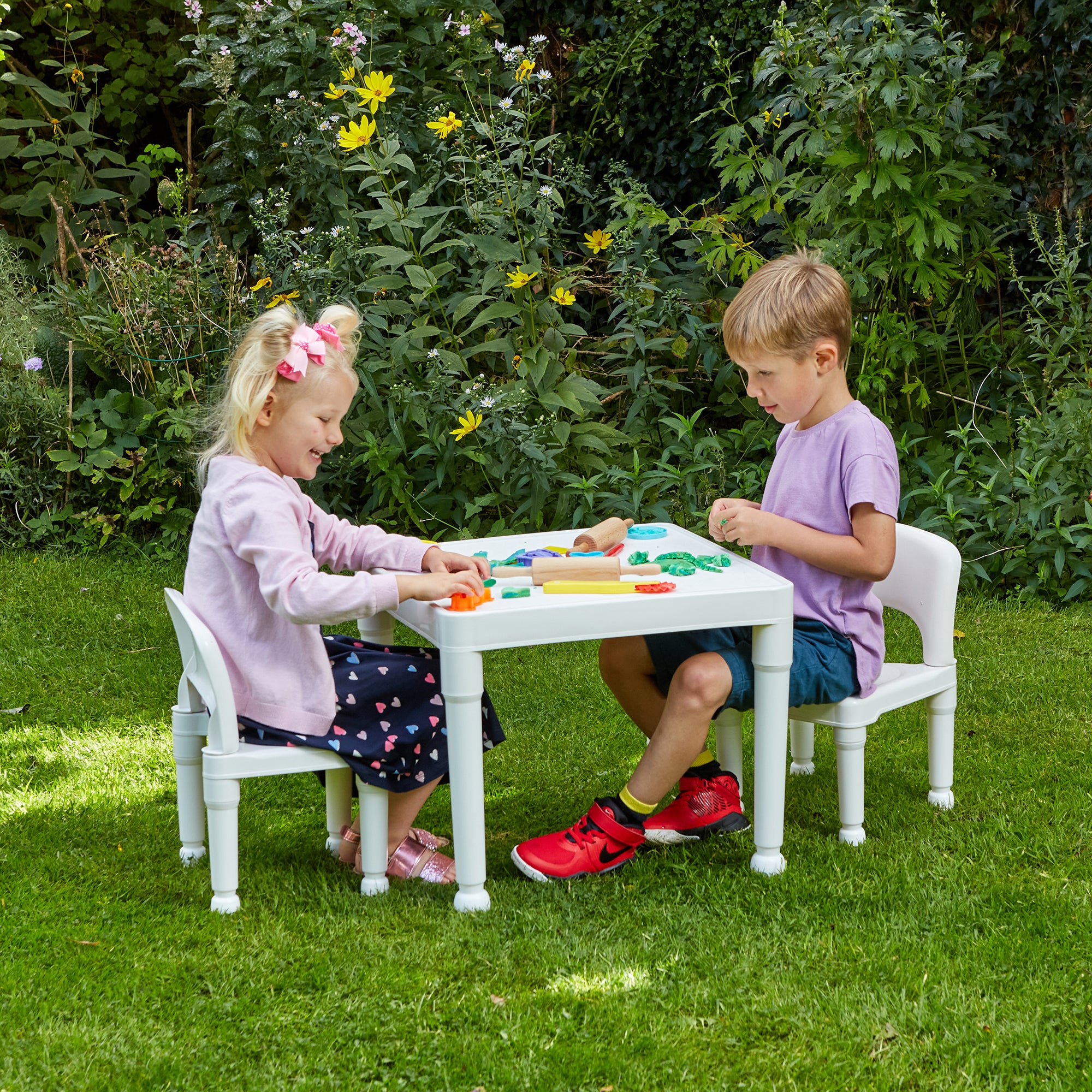 Kids Plastic Table and 2 Chairs Set White – Durable Indoor Outdoor First Furniture Set