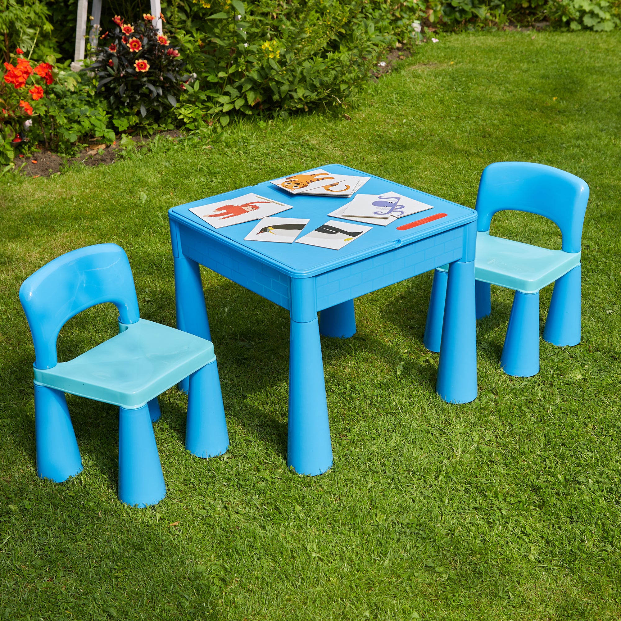 Kids 5-in-1 Activity Table & 2 Chairs Set – Reversible Construction, Sand & Water Play