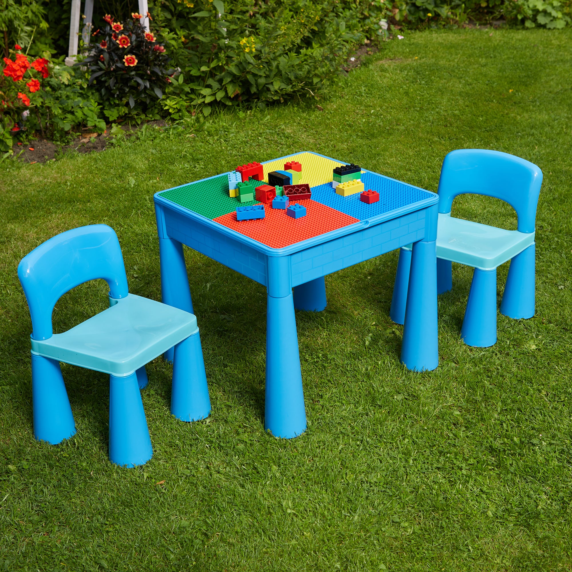Kids 5-in-1 Activity Table & 2 Chairs Set – Reversible Construction, Sand & Water Play