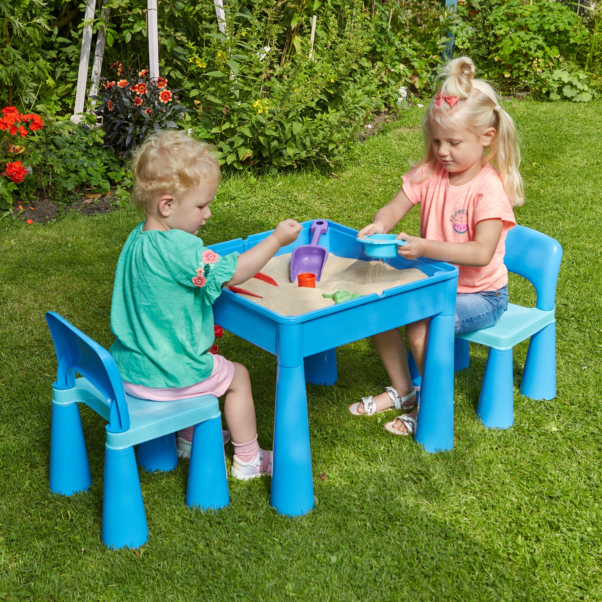 Kids 5-in-1 Activity Table & 2 Chairs Set – Reversible Construction, Sand & Water Play