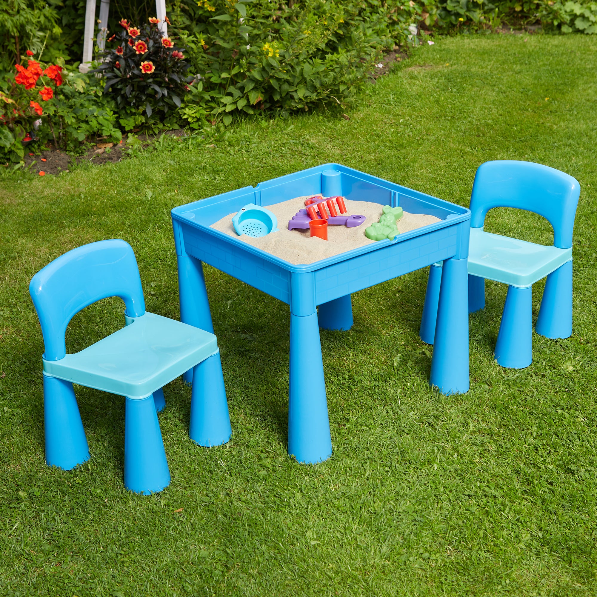 Kids 5-in-1 Activity Table & 2 Chairs Set – Reversible Construction, Sand & Water Play