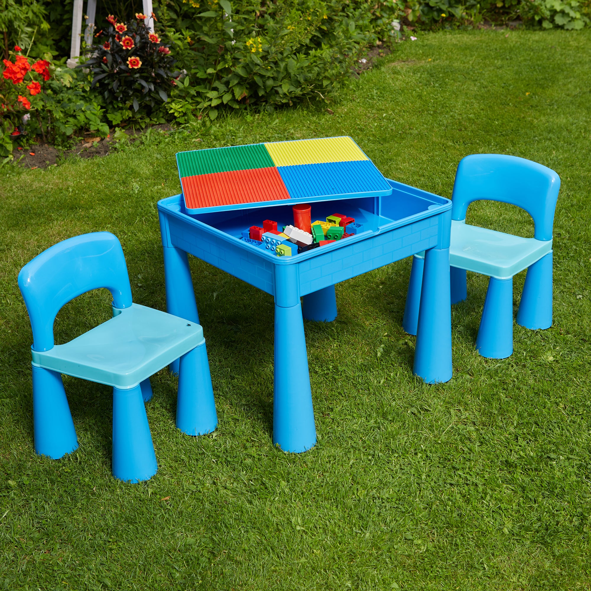 Kids 5-in-1 Activity Table & 2 Chairs Set – Reversible Construction, Sand & Water Play