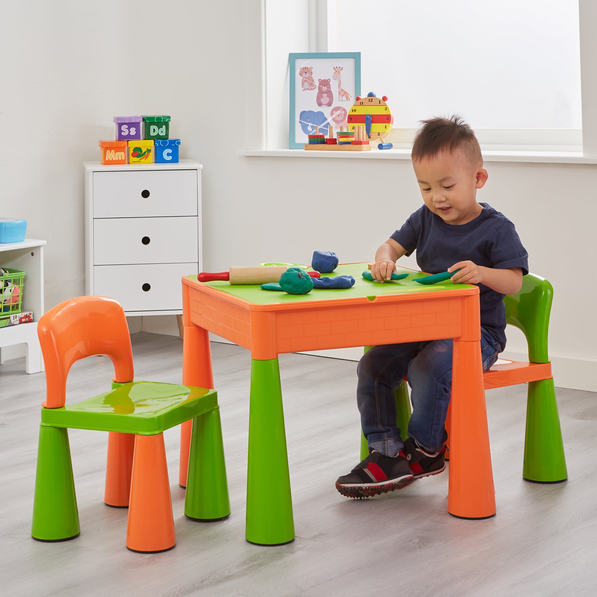 Kids 5-in-1 Activity Table & 2 Chairs Set – Reversible Construction, Sand & Water Play