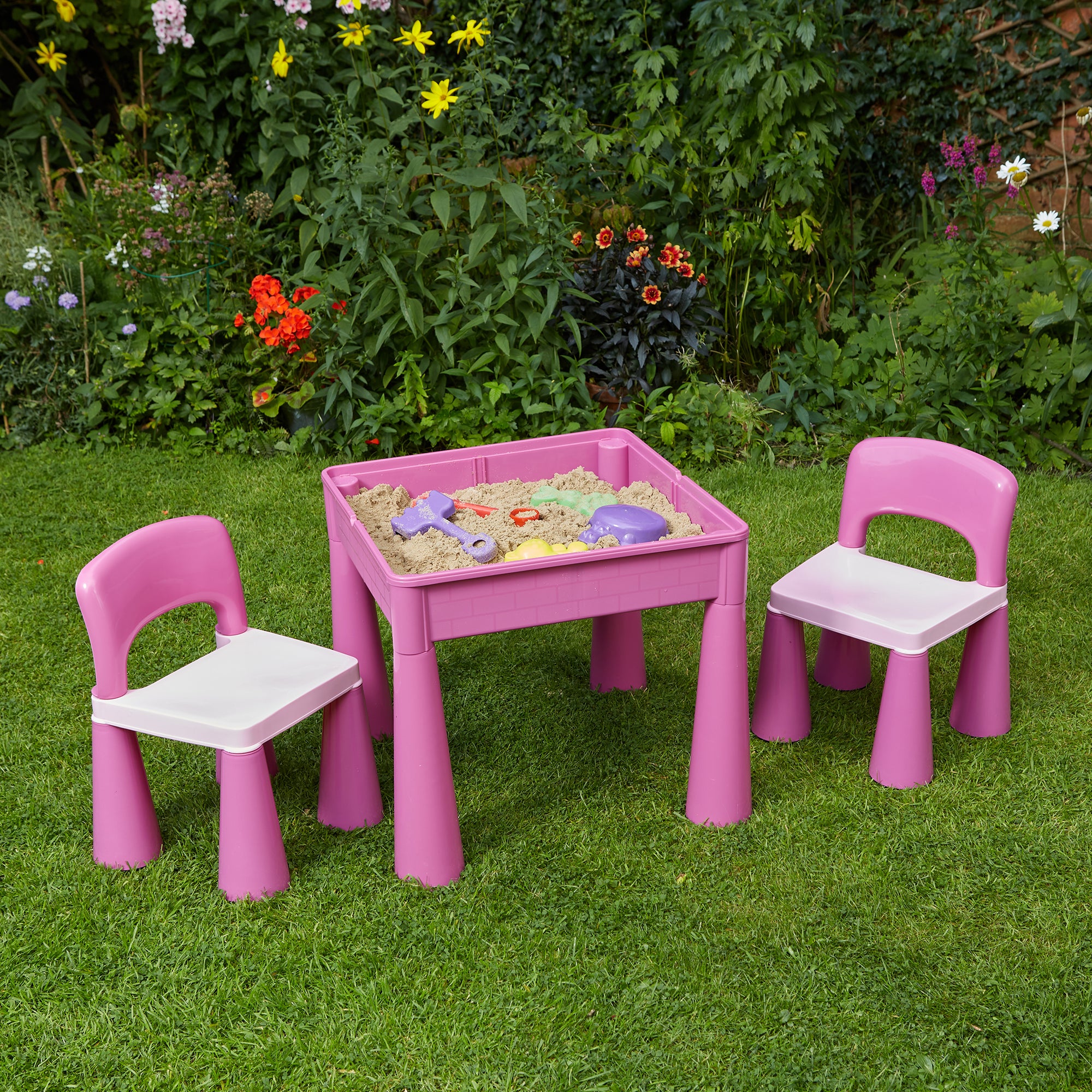 Kids 5-in-1 Activity Table & 2 Chairs Set – Reversible Construction, Sand & Water Play