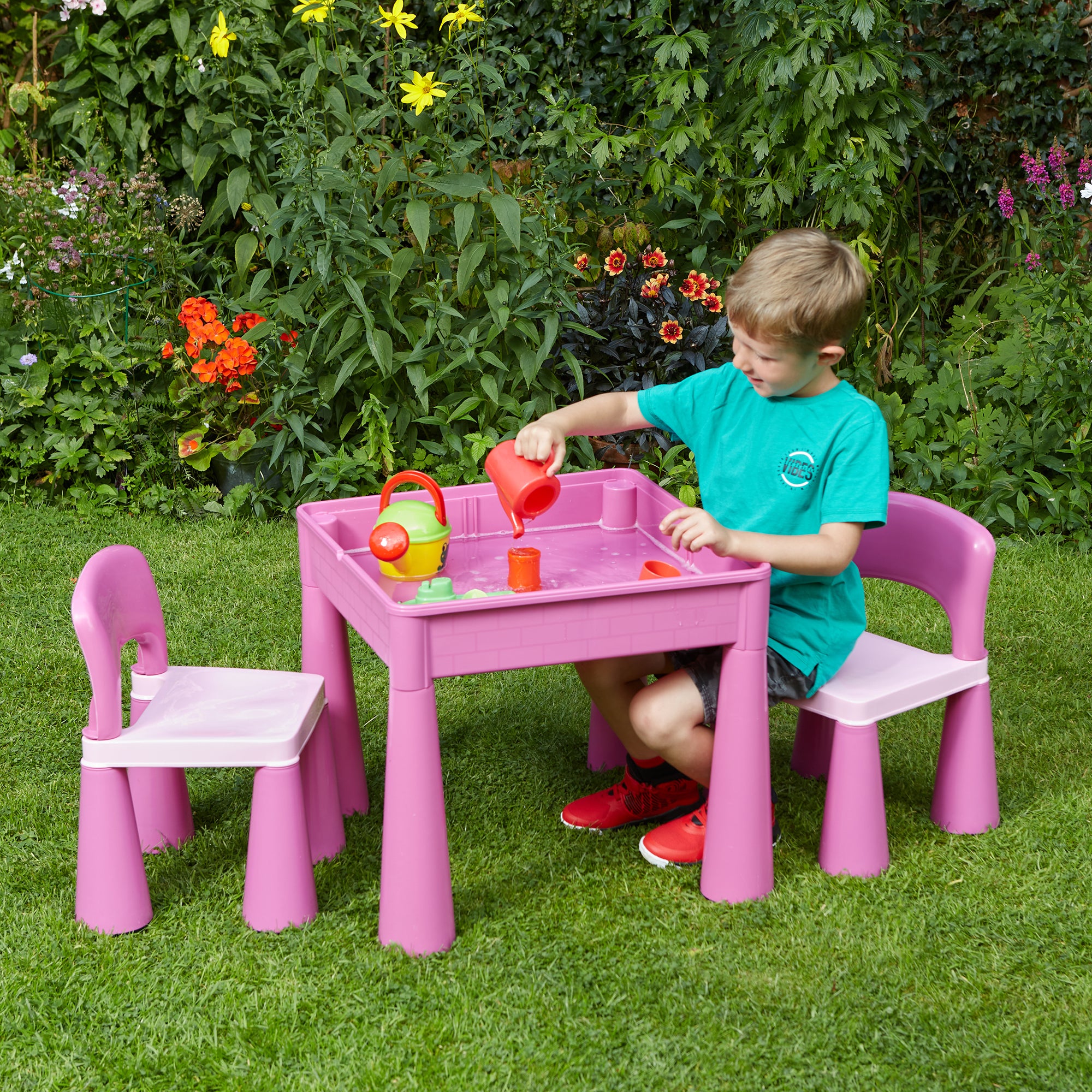 Kids 5-in-1 Activity Table & 2 Chairs Set – Reversible Construction, Sand & Water Play