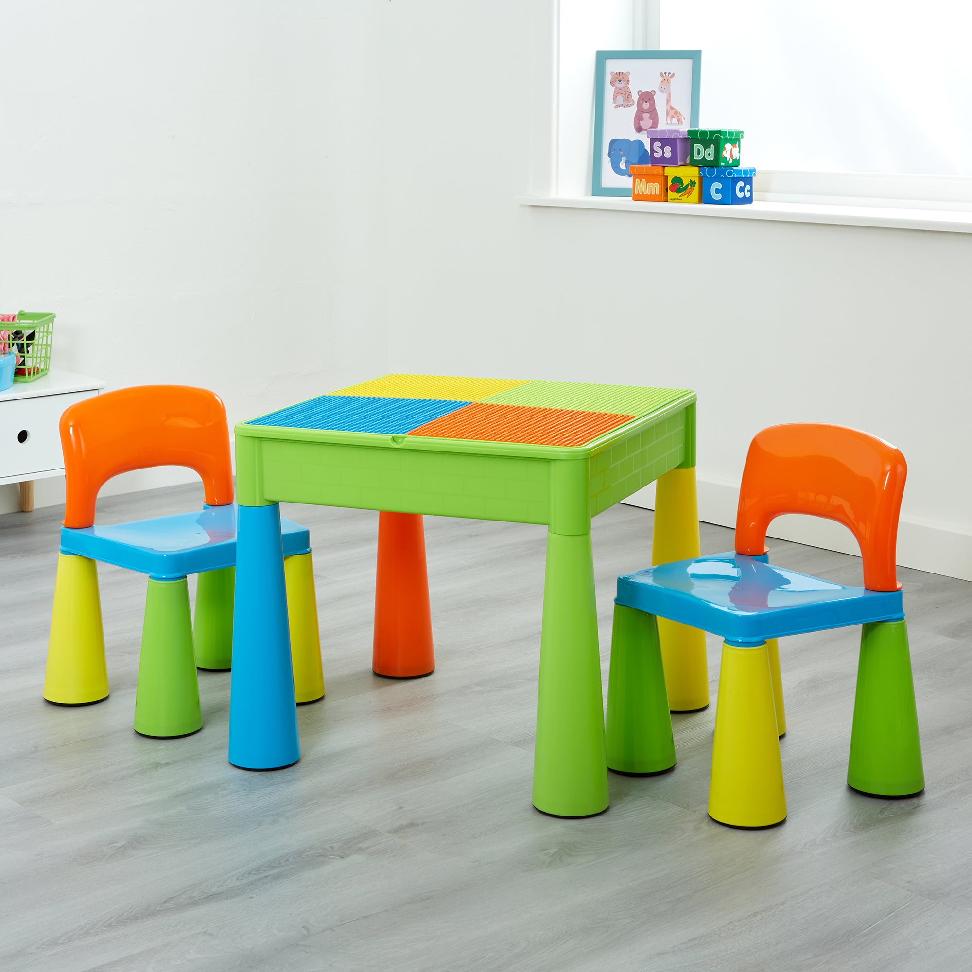 Kids 5-in-1 Activity Table & 2 Chairs Set – Reversible Construction, Sand & Water Play