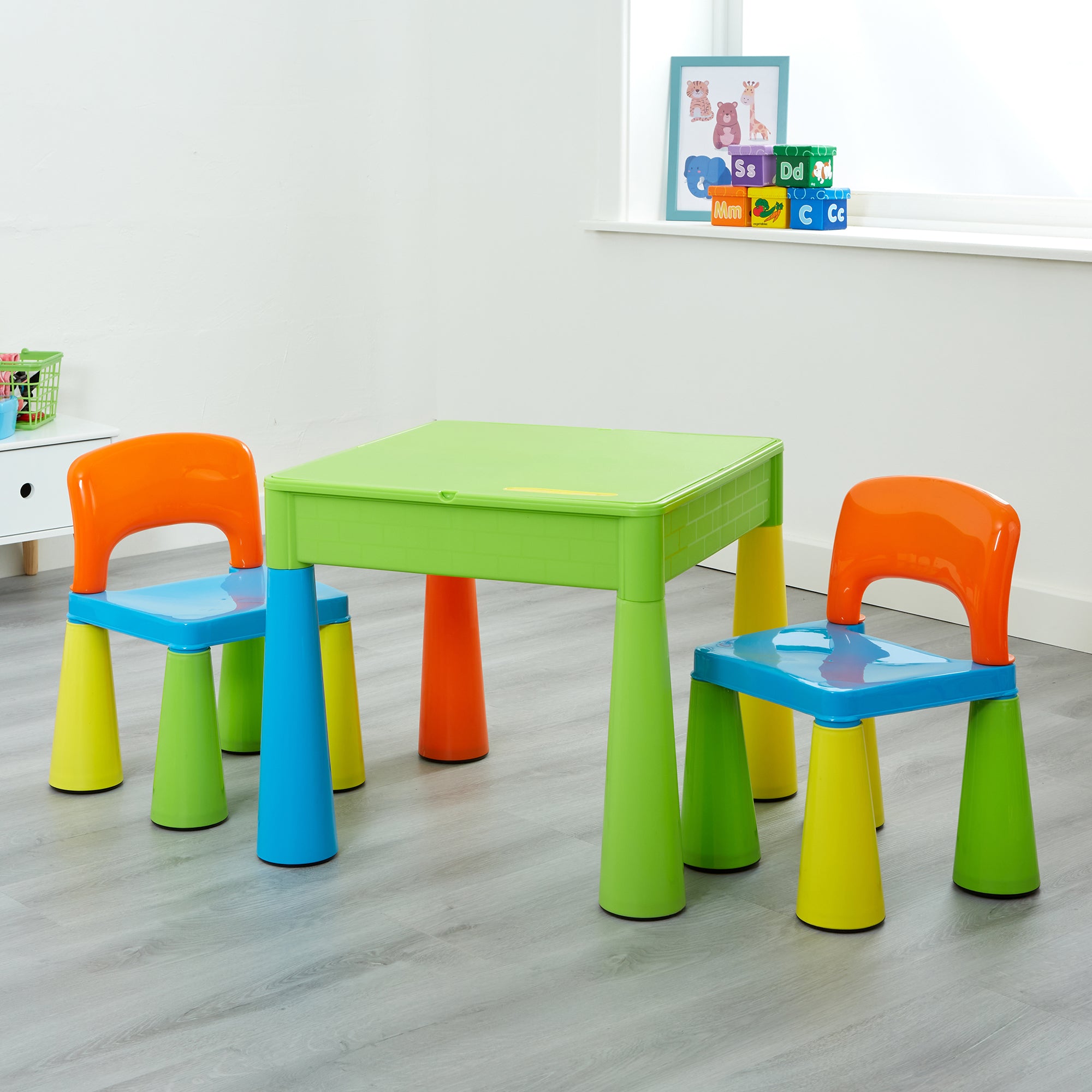 Kids 5-in-1 Activity Table & 2 Chairs Set – Reversible Construction, Sand & Water Play