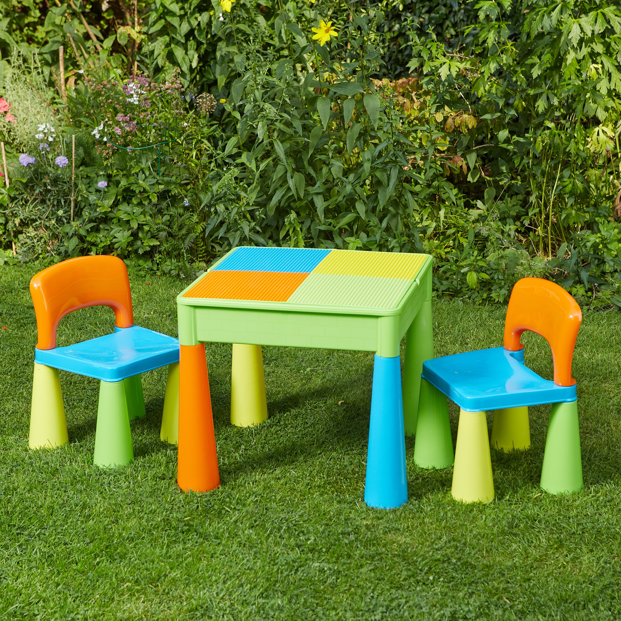 Kids 5-in-1 Activity Table & 2 Chairs Set – Reversible Construction, Sand & Water Play