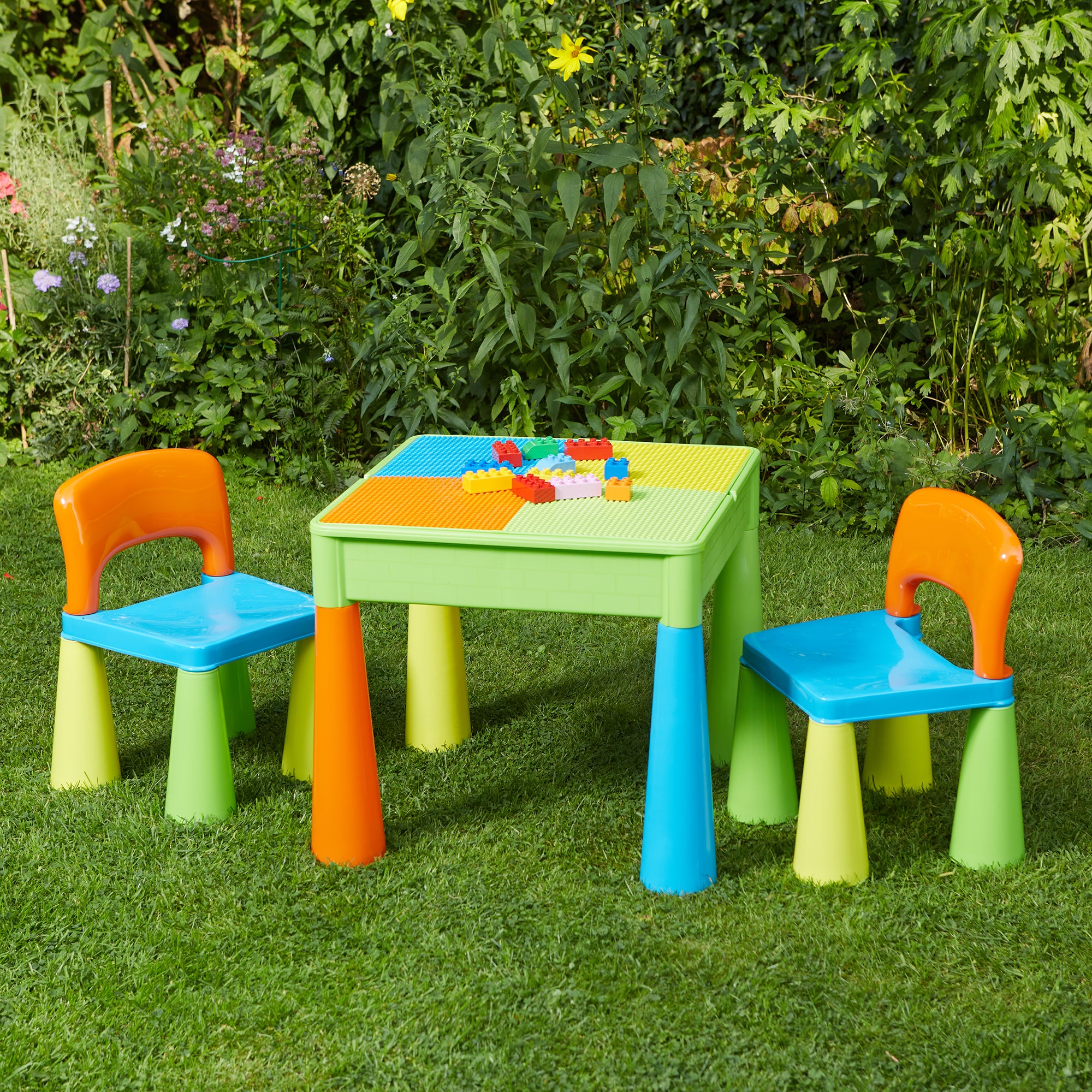 Kids 5-in-1 Activity Table & 2 Chairs Set – Reversible Construction, Sand & Water Play