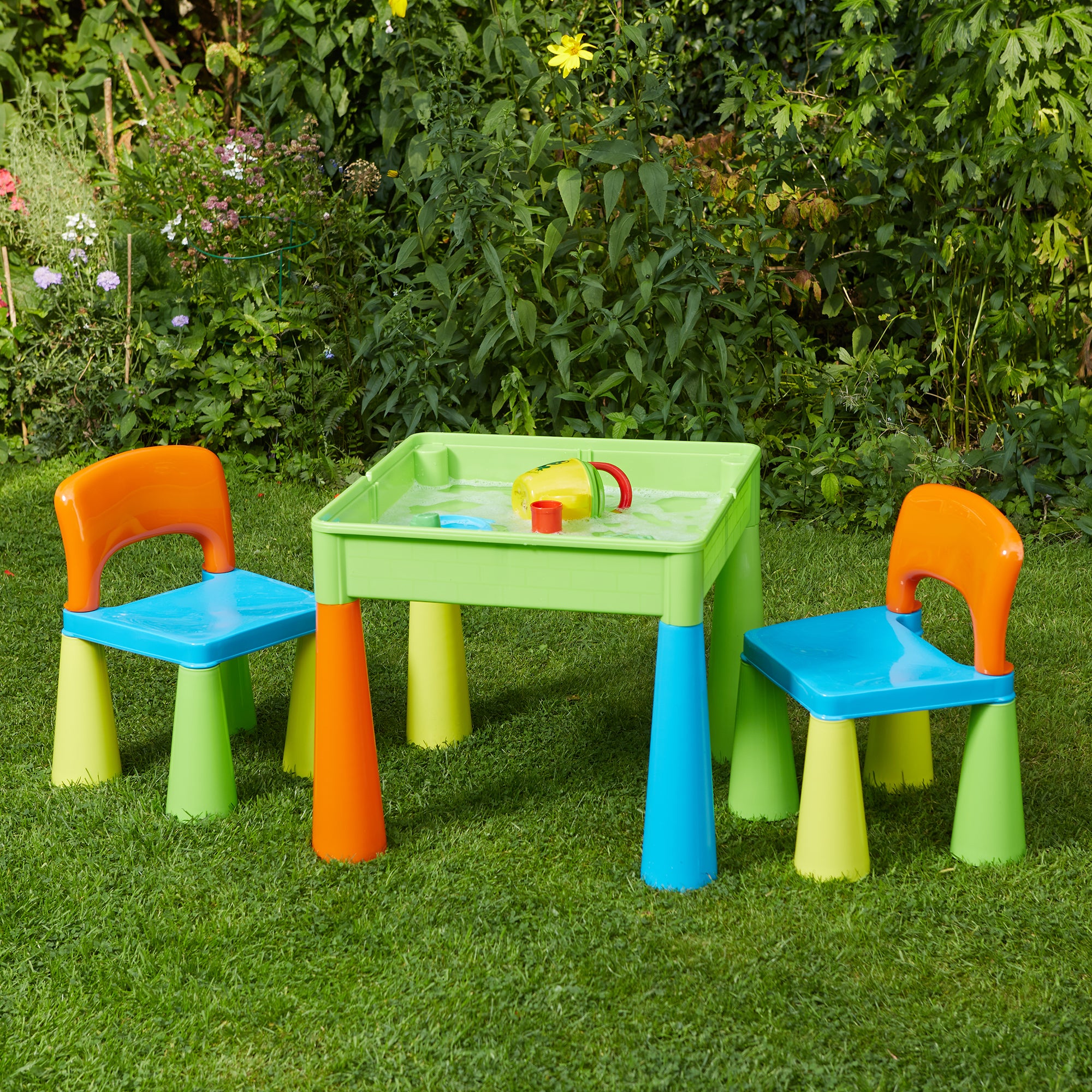 Kids 5-in-1 Activity Table & 2 Chairs Set – Reversible Construction, Sand & Water Play