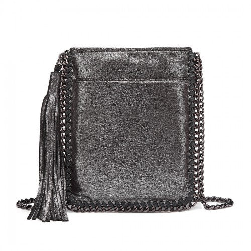 Miss Lulu Leather Look Chain Shoulder Bag with Tassel Pendant - Silver