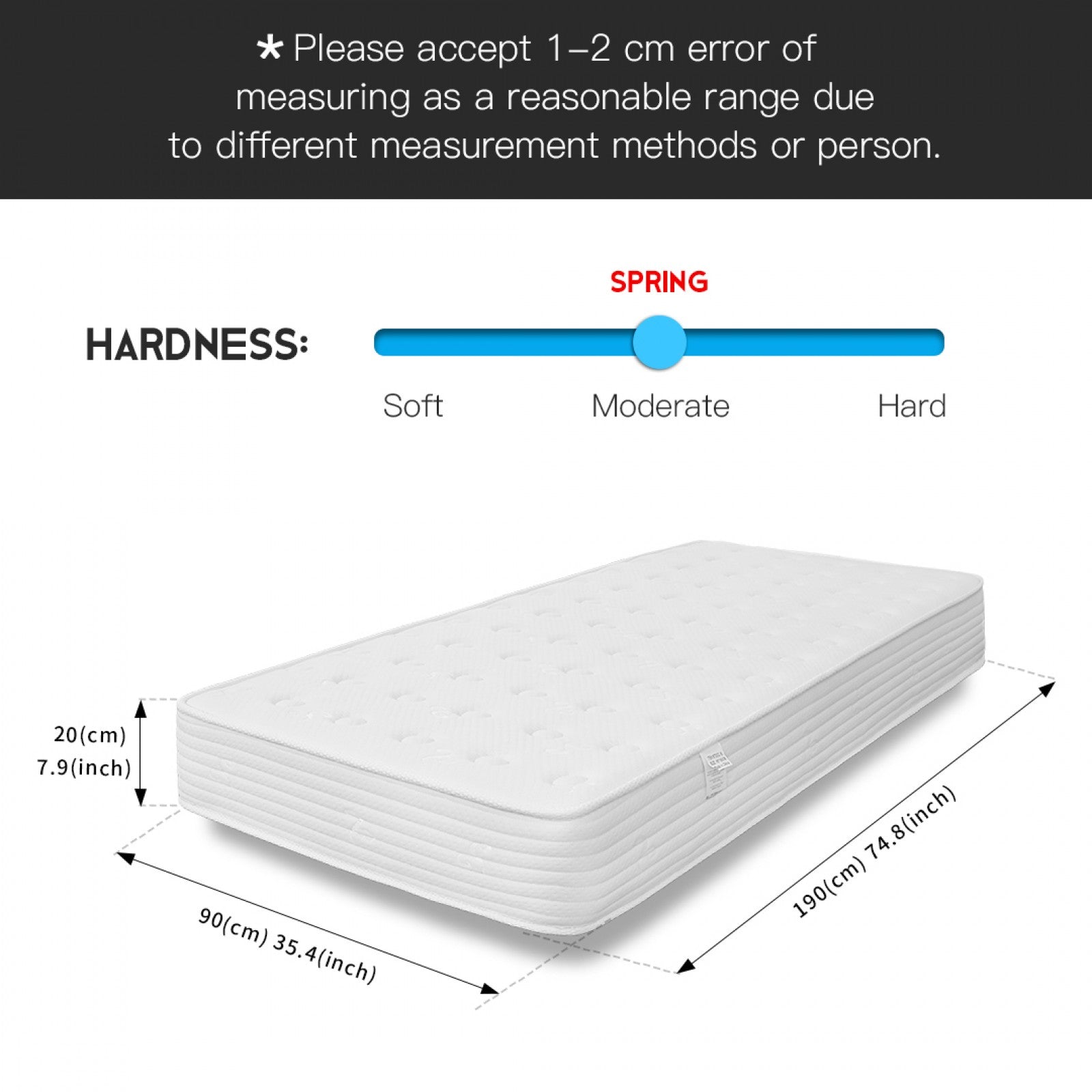 Premium 20cm Memory Foam Quilted Spring Mattress – Medium Firm, Breathable, Motion-Isolating | Single, Small Double, Double, King