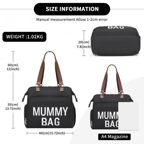 Kono Large Nappy Changing Tote Bag with Shoe Compartment, Insulated Pockets & Waterproof Zip Pocket - Black