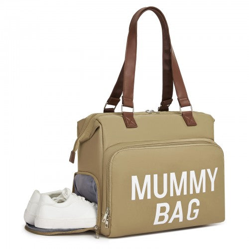 Kono Large Nappy Changing Tote Bag with Shoe Compartment, Insulated Pockets & Waterproof Zip Pocket - Khaki
