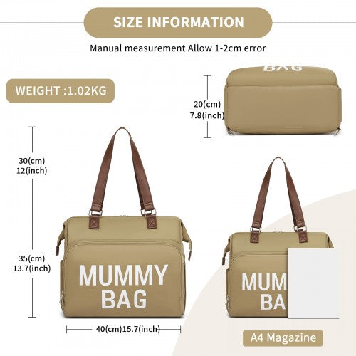 Kono Large Nappy Changing Tote Bag with Shoe Compartment, Insulated Pockets & Waterproof Zip Pocket - Khaki