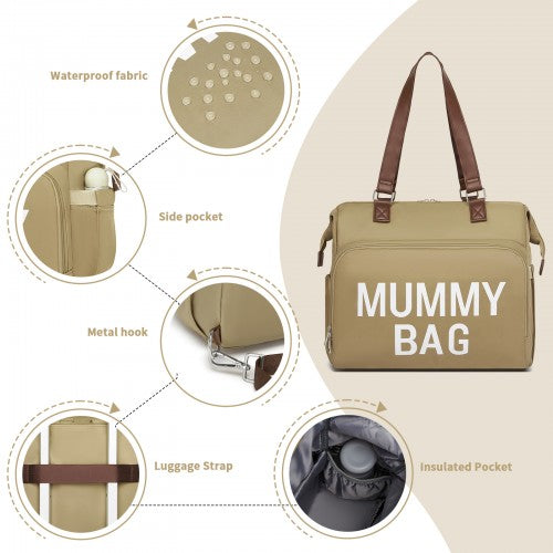 Kono Large Nappy Changing Tote Bag with Shoe Compartment, Insulated Pockets & Waterproof Zip Pocket - Khaki