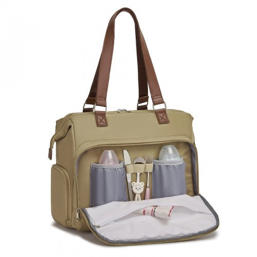 Kono Large Nappy Changing Tote Bag with Shoe Compartment, Insulated Pockets & Waterproof Zip Pocket - Khaki