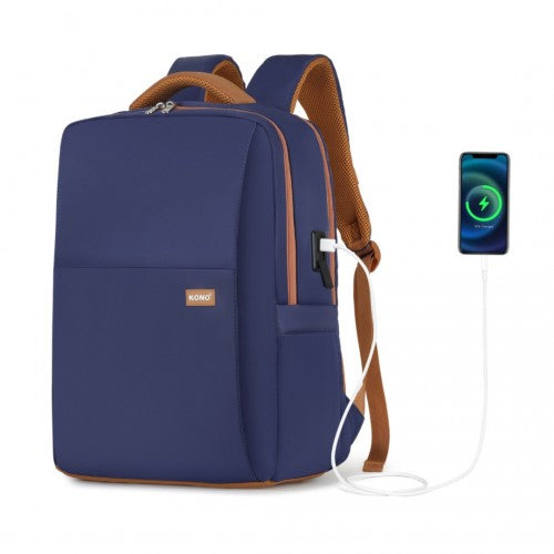 Kono Water-Resistant Laptop Backpack with USB Charging Business Rucksack for Travel Commuter Features Includes Matching Pouch 2 Pc Set - Navy And Brown