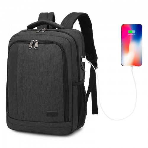Kono Commuter Laptop Backpack with USB & Type-C Port, Anti-Theft Pocket, Organised Storage - Black