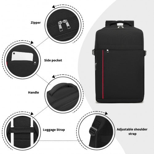 Kono 20L Cabin Backpack with Red Trim for 15.6" Laptop - Water-Resistant Travel Daypack with Luggage Strap - Black