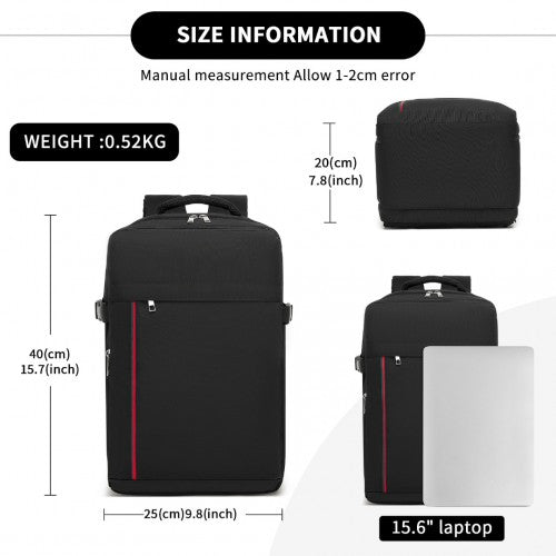 Kono 20L Cabin Backpack with Red Trim for 15.6" Laptop - Water-Resistant Travel Daypack with Luggage Strap - Black