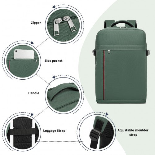 Kono 20L Cabin Backpack with Red Trim for 15.6" Laptop - Water-Resistant Travel Daypack with Luggage Strap - Green