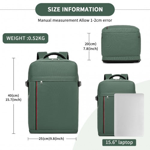 Kono 20L Cabin Backpack with Red Trim for 15.6" Laptop - Water-Resistant Travel Daypack with Luggage Strap - Green