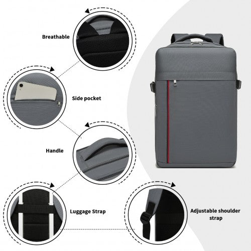 Kono 20L Cabin Backpack with Red Trim for 15.6" Laptop - Water-Resistant Travel Daypack with Luggage Strap - Grey
