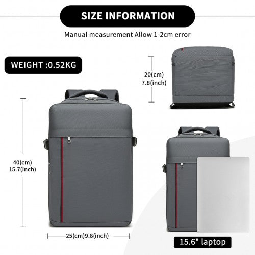 Kono 20L Cabin Backpack with Red Trim for 15.6" Laptop - Water-Resistant Travel Daypack with Luggage Strap - Grey