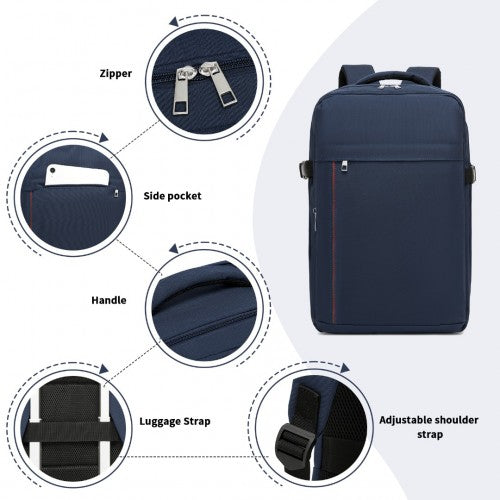 Kono 20L Cabin Backpack with Red Trim for 15.6" Laptop - Water-Resistant Travel Daypack with Luggage Strap - Navy