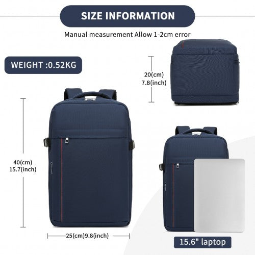 Kono 20L Cabin Backpack with Red Trim for 15.6" Laptop - Water-Resistant Travel Daypack with Luggage Strap - Navy