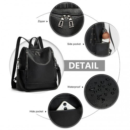 Miss Lulu Women's Convertible PU Leather Backpack & Shoulder Bag - Versatile 2-in-1 Design - Black