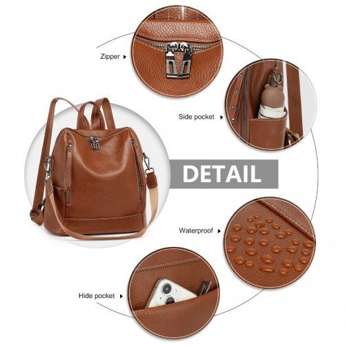 Miss Lulu Women's Convertible PU Leather Backpack & Shoulder Bag - Versatile 2-in-1 Design - Brown