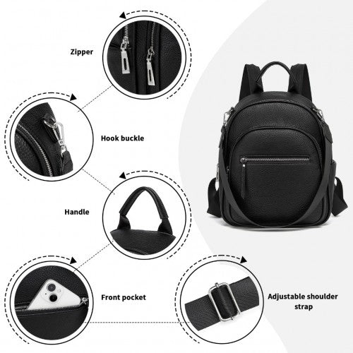 Miss Lulu PU Leather Convertible Backpack Crossbody Bag - Lightweight Anti-Theft Daypack with Multiple Pockets - Black
